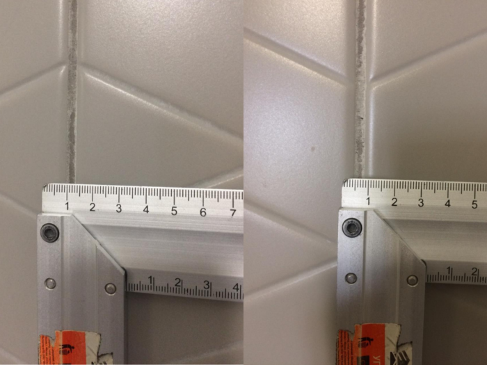 Приёмка квартиры в ЖК Энфилд: Затирка межплиточных швов в разнотон и ширина швов от 3 мм до 5мм (швы неоднорядны), отклонение плитки от плоскости более 2 мм