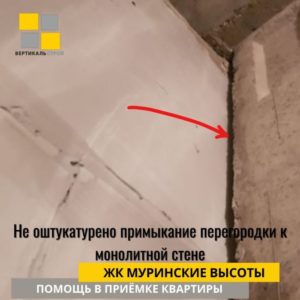 Приёмка квартиры в ЖК Муринские высоты: Не оштукатурено примыкание перегородки к монолитной стене